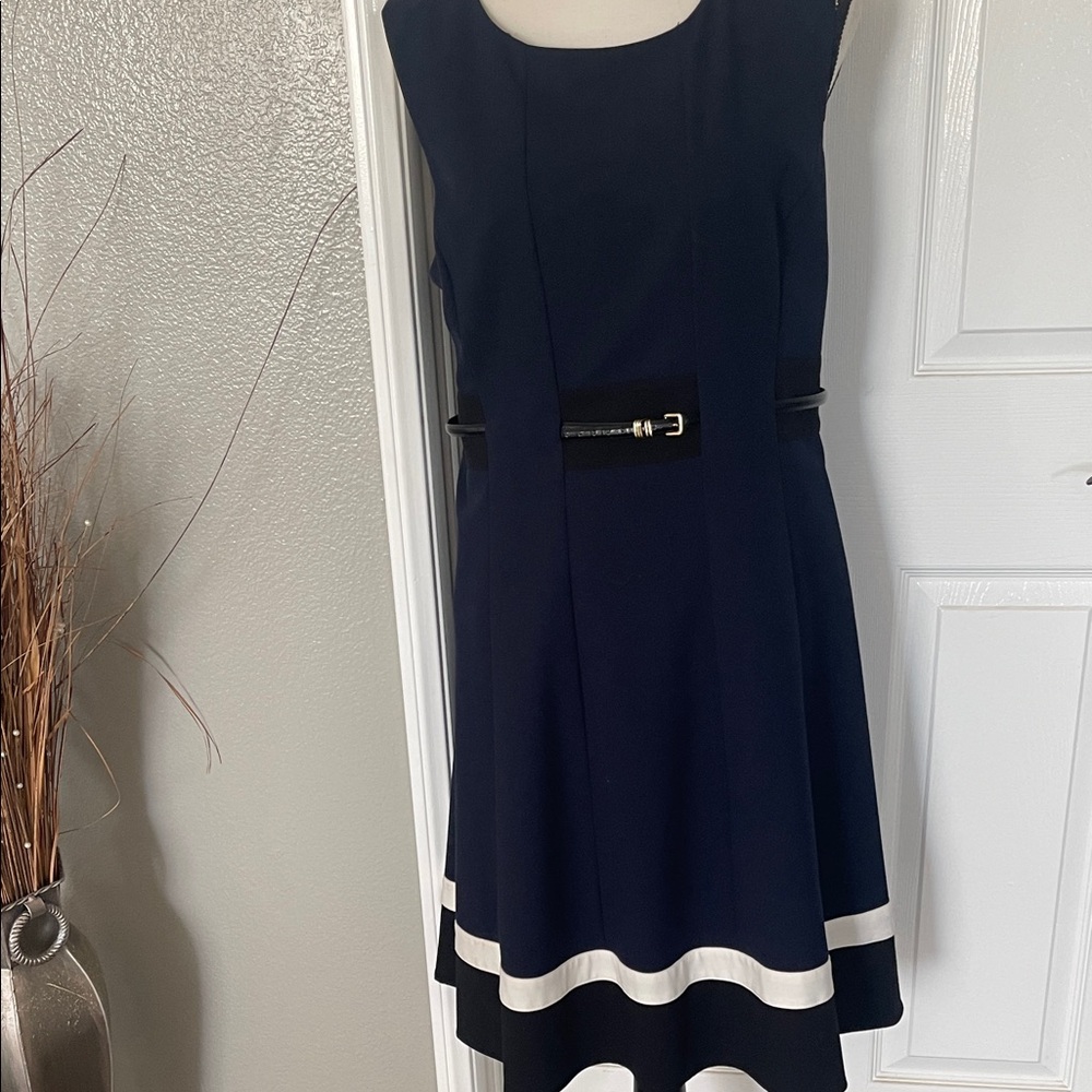 Calvin Klein Navy and White High Low Dress